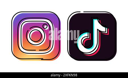 Kiev, Ukraine - September 28, 2022: Instagram and Tiktok apps icons in hand drawn line design, vector illustration Stock Vector