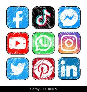 Kiev, Ukraine - September 28, 2022: Set of popular Social Media and Mobile Apps icons in marker hand drawn design: Facebook, Tiktok, Messenger, Youtub Stock Vector