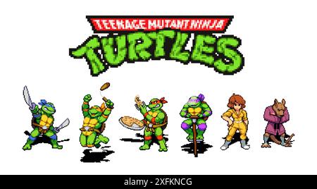 Kiev, Ukraine - June 05, 2022: Set of characters in victory pose from Teenage Mutant Ninja Turtles Shredder's Revenge modern video game in 16-bit clas Stock Vector