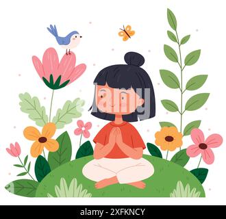 A girl meditates in nature among birds and flowers.Cartoon girl sitting on lounge in lotus position, peaceful landscape with trees. Stock Vector
