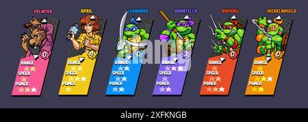 Kiev, Ukraine - June 05, 2022: Set of characters from Teenage Mutant Ninja Turtles Shredder's Revenge modern video game in 16-bit classic pixel design Stock Vector
