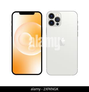 Kiev, Ukraine - September 28, 2022: Smart Phone Apple iPhone 12 in white color. The iPhone is a line of smartphones designed and marketed by Apple Inc Stock Vector