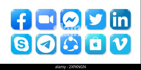 Kiev, Ukraine - September 28, 2022: Set of popular Social Media and Mobile Apps icons in realistic volume design: Facebook, Zoom, Messenger, Twitter a Stock Vector