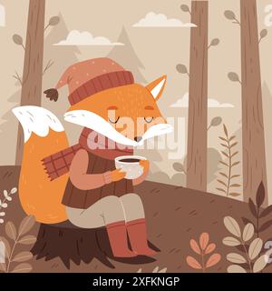 A cute fox in cozy clothes drinks tea, coffee or cocoa in the middle of an autumn forest.Autumn season. Vector illustration. Stock Vector