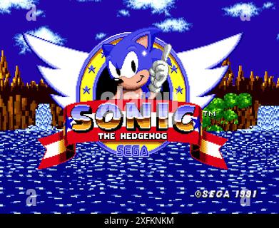 Kiev, Ukraine - May 30, 2022: Art Screen of Sonic the Hedgehog classic 16-bit video game, pixel design vector illustration. Sonic the Hedgehog is a pl Stock Vector
