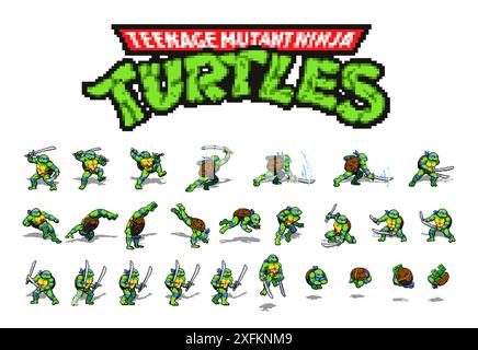 Kiev, Ukraine - June 05, 2022: Set 1 of character Leonardo moves from Teenage Mutant Ninja Turtles Shredder's Revenge modern video game in 16-bit clas Stock Vector