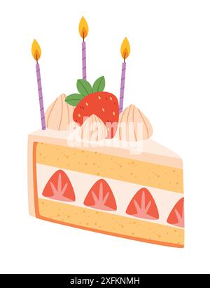 A piece of waffle cake with strawberries and candles.Happy birthday cake. Stock Vector