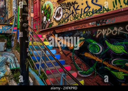 The Escalera de Colores staircase, decorated with graffiti artworks, is seen on Cerro Concepción hill in Valparaíso, Chile. Stock Photo