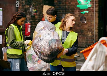 Young volunteers in gloves and safety vests sort through a pile of garbage together, showing solidarity in environmental activism. Stock Photo