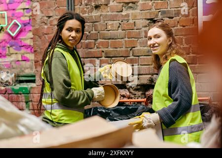Two young female volunteers in safety vests and gloves sorting through trash together. Stock Photo