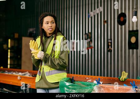 A young african american volunteer in gloves and safety vest Stock Photo