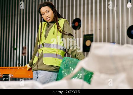 A young volunteer in a safety vest stands next to a pile of plastic bags, sorting waste to protect the environment. Stock Photo