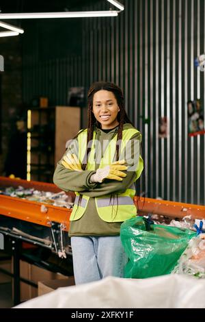 Young volunteer in gloves and safety vest stands with crossed arms, sorting waste in a warehouse. Stock Photo