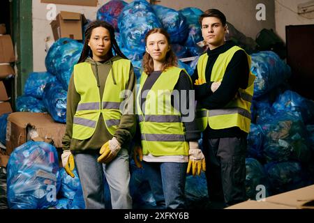 A diverse group of individuals, including a young volunteer in gloves and a safety vest, standing together while sorting waste for eco-conscious purpo Stock Photo