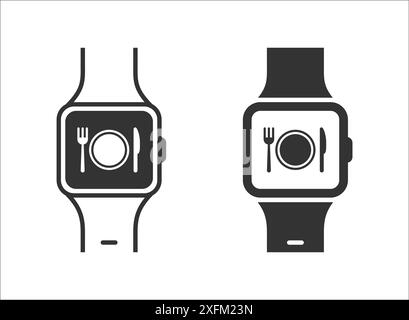 Smartwatch with dinner icon on a screen. Plate with fork and knife. Flat vector illustration Stock Vector