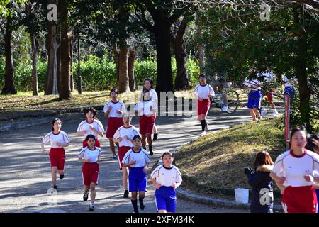 Japanese high school students in gym outfit jogging in Osaka Castle Park during a school running event Stock Photo