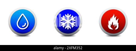 Water, fire, and snowflake icons. Hot and cold symbols.     Warmth and cold. Freezing snow and fire icon  Flat vector illustration. Stock Vector