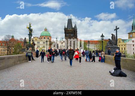 Charles bridge, Old Town Bridge Tower, Medieval stone arched bridge over the Vitava River, Prague, Bohemia, Czech Republic Stock Photo