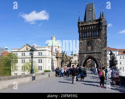 Charles bridge, Old Town Bridge Tower, Medieval stone arched bridge over the Vitava River, Prague, Bohemia, Czech Republic Stock Photo