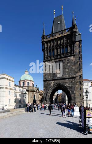 Charles bridge, Old Town Bridge Tower, Medieval stone arched bridge over the Vitava River, Prague, Bohemia, Czech Republic Stock Photo