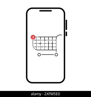 A black and white illustration of a smartphone displaying a shopping cart icon with a red notification bubble indicating a plus one. The smartphone is Stock Vector