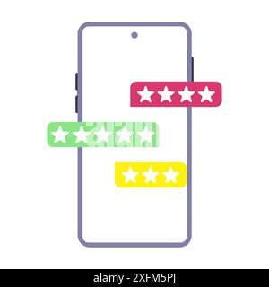 A smartphone with a white screen is showing three customer ratings, each displayed as a bar of five stars with different colors Stock Vector