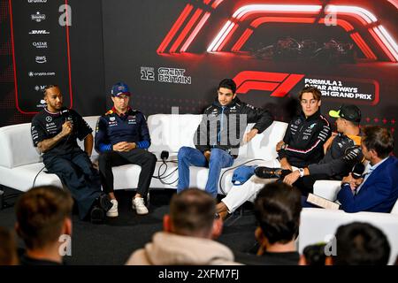 Towcester, UK. 04th July, 2024. Drivers press conference with Lewis Hamilton, Sergio Perez, Esteban Ocon, George Russell, Lando Norris during the Formula 1 Qatar Airways British Grand Prix at Silverstone, Towcester, Northamptonshire, UK. Credit: LFP/Alamy Live News Stock Photo