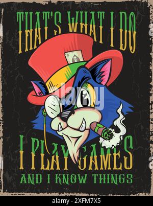 Editable illustration of cat with top hat and cigar in old cartoon style. Stock Vector