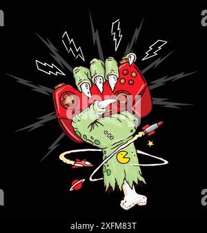 Illustration of a zombie hand holding a video game controller. Cartoon style art. Stock Vector