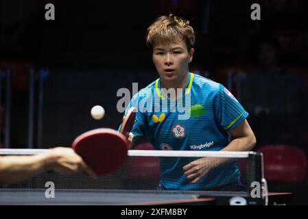 Bangkok, Thailand. 04th July, 2024. Chen Szu-Yu of Chinese Taipei plays against Zhu Chengzhu of Hong Kong (not pictured) during Table Tennis Women's single round of 64 match in the World Table Tennis Star Contender Bangkok 2024 at Huamark Indoor Stadium. Chen Szu-Yu won over Zhu Chengzhu 3-1 (11:9, 11:9, 6:11, 11:6,) Credit: SOPA Images Limited/Alamy Live News Stock Photo