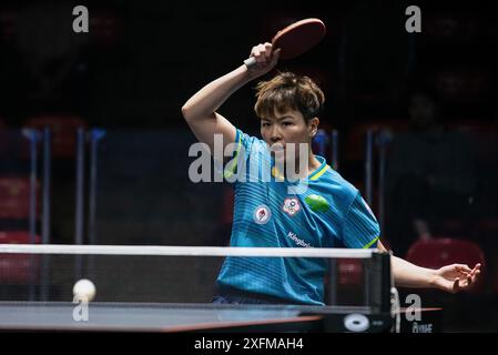 Chen Szu-Yu of Chinese Taipei plays against Zhu Chengzhu of Hong Kong (not pictured) during Table Tennis Women's single round of 64 match in the World Table Tennis Star Contender Bangkok 2024 at Huamark Indoor Stadium. Chen Szu-Yu won over Zhu Chengzhu 3-1 (11:9,11:9,6:11,11:6,) (Photo by Peerapon Boonyakiat / SOPA Image/Sipa USA) Stock Photo