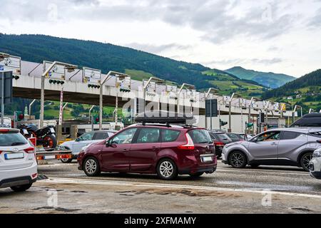 Brenner highway, Italy - 1 July 2024: Return journey traffic jam on the Brenner highway in Italy to the border with Austria at the toll station *** Rückreise Stau auf der Brennerautobahn in Italien zur Grenze an Österreich an der Mautstation Stock Photo