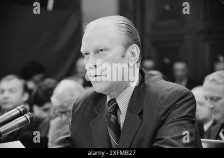 Vintage photo of president Gerald Ford appearing at the House Judiciary Subcommittee hearing on pardoning former President Richard Nixon, Washington, D.C. USA, 1974 Oct. 17. By T. O'Halloran Stock Photo