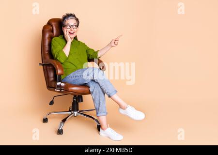 Photo of lovely pensioner lady point look empty space sit armchair dressed stylish green garment isolated on beige color background Stock Photo