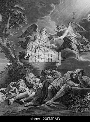 Illustration of Jesus Christ Praying in the Garden of Gethsemane when and Angels Appeared from Heaven and Gave him Strength (The Agony) while the Thre Stock Photo