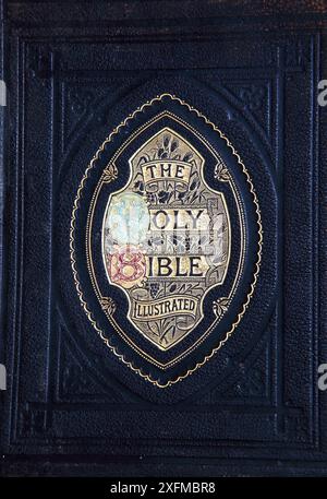 Leather-Bound Front Cover of Antique 19th Century The Holy Bible Illustrated  - The Self-Explanatory Family Bible Stock Photo