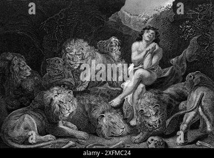 Engraving of Daniel in the Lions Den'My God Hath Sent His Angel, And Hath Shut the Lions Mouths' (Book of Daniel) From 19th Century The Imperial Illu Stock Photo