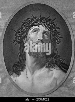 Portrait of Jesus Christ Wearing the Crown of Thorns from Antique 19th Century The Imperial Illustrated Bible Stock Photo