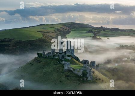 Corfe Castle in the mist, Corfe, Dorset, UK, November 2014. Stock Photo