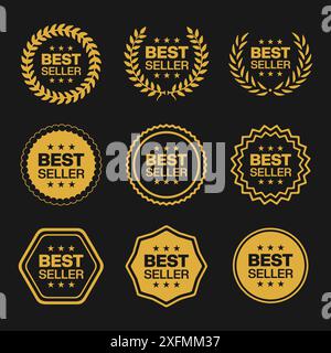 Bestseller logo label tag design template for top sales, gold award round stamp, sticker with ribbon, stars and best seller text Stock Vector