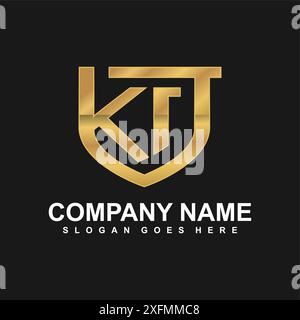 Initial logo letter KT with shield golden color isolated on black background Stock Vector