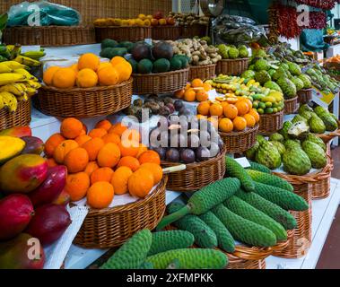 Fruit for sale in farmers' market, Funchal, Madeira Island, Portugal, March 2016. Stock Photo