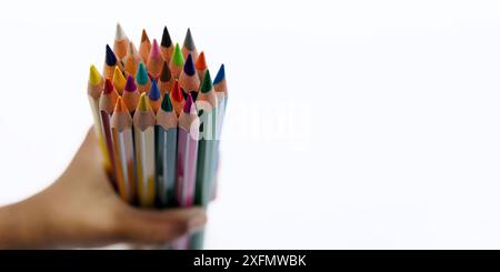 A hand holding a bunch of colorful pencils against a white background, symbolizing creativity, art, and education. Stock Photo