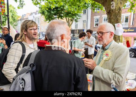 London, UK. 04, JUL, 2024. Jeremy Corbyn greets campaigners on election day at London Fashion Center - the Islington headquarters of his campaign to get elected as an independant MP. Credit Milo Chandler/Alamy Live News Stock Photo