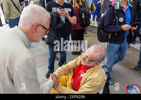 London, UK. 04, JUL, 2024. Jeremy Corbyn greets campaigners on election day at London Fashion Center - the Islington headquarters of his campaign to get elected as an independant MP. Credit Milo Chandler/Alamy Live News Stock Photo