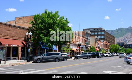 Ogden, UT, USA - June 10, 2024; Cityscape scene on 25th Street in downtown Ogden Utah with histroric buildings Stock Photo