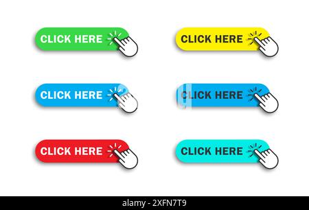Click here button with hand pointer clicking. Colored web buttons set. Flat vector illustration Stock Vector