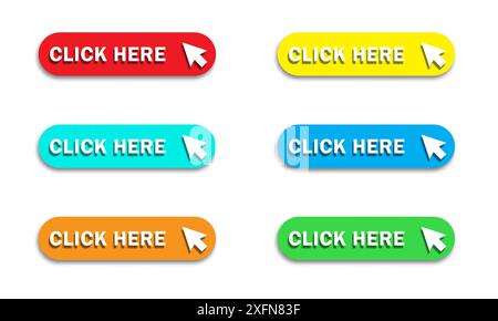 Click Here button set. Colored buttons with arrows. Flat vector illustration Stock Vector