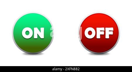 On and off toggle round color buttons with lettering and shadows. Red and green circle icons. Flat vector illustration Stock Vector