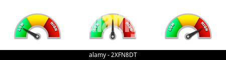 Collection of colorful tachometer sign with lettering and shadows. Risk measuring scale. Fat burn scale. Flat vector illustration Stock Vector